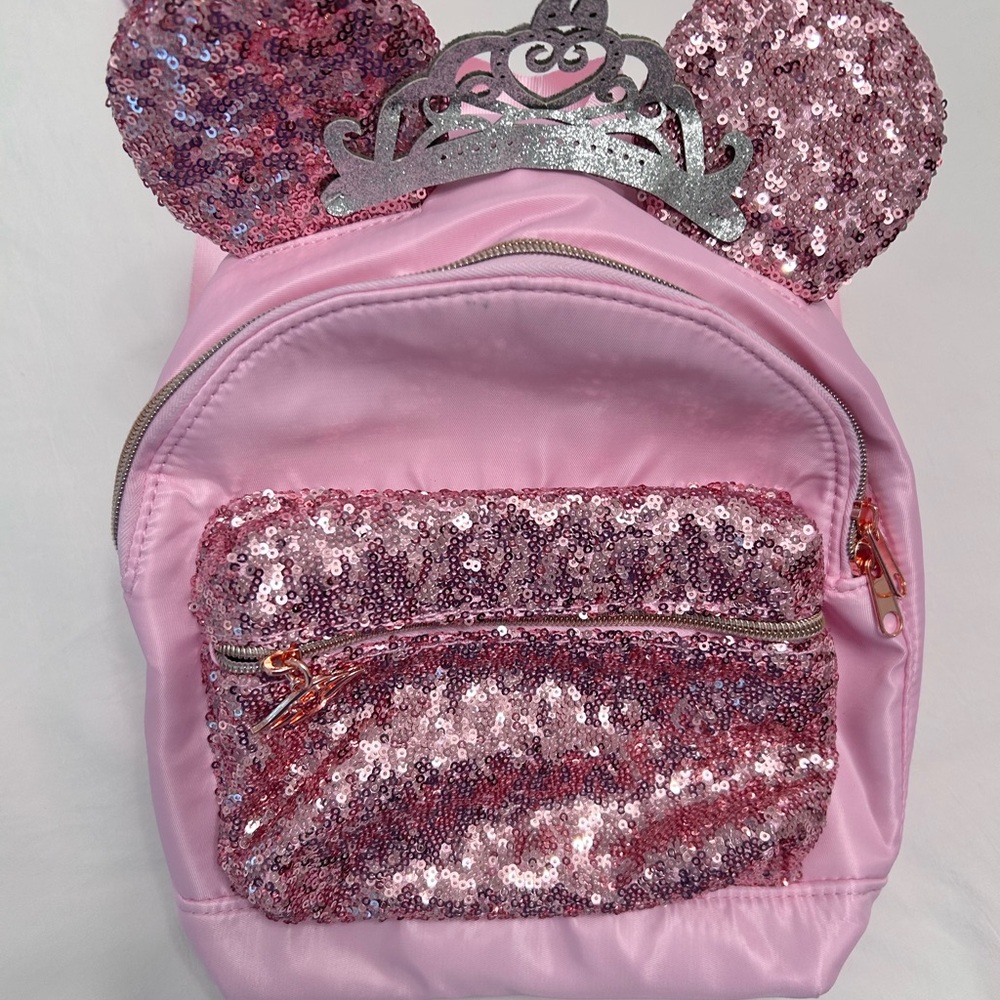 Pink Sequin Kids Backpack with Ears and Tiara Bibbidi Bobbity Boo